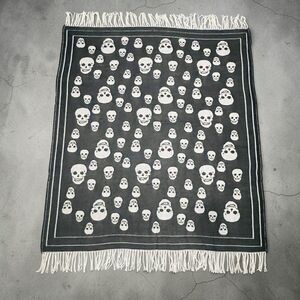 Magaschoni Halloween Throw Blanket Black White Skull Print Fringed 50" x 60"